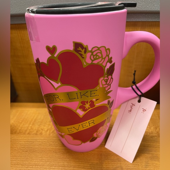 Valentine Pink Red & Gold Heart For Like Ever Matte Travel Coffee Mug w/Lid NWT - Picture 2 of 7